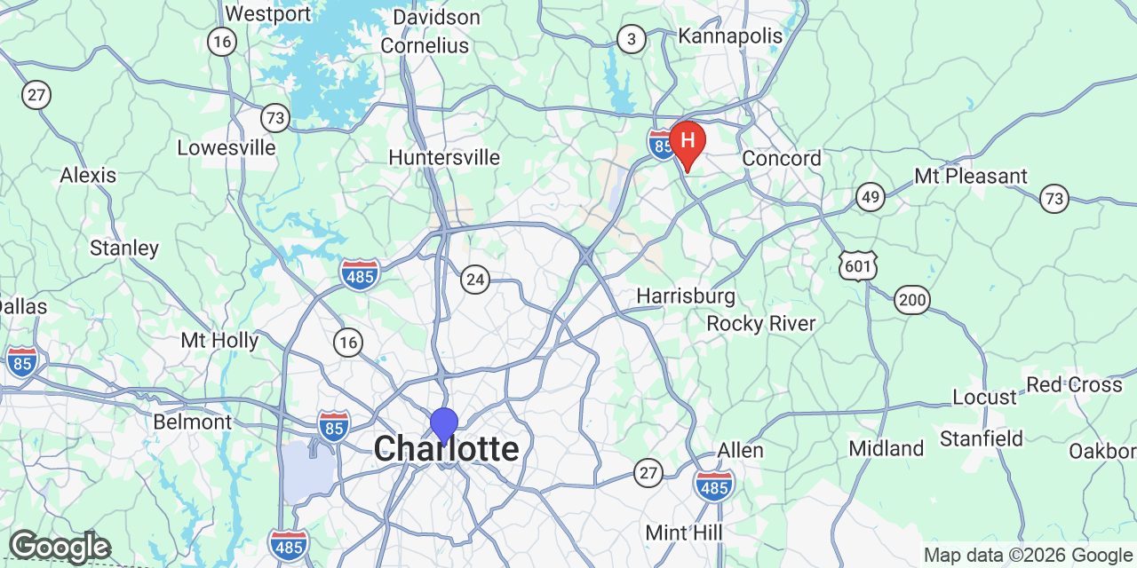 Map of Concord, NC in the Charlotte metro area
